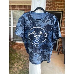 True Religion Men's Hawaiian T Shirt Size Large Blue Logo Palm Leaf 100% Cotton